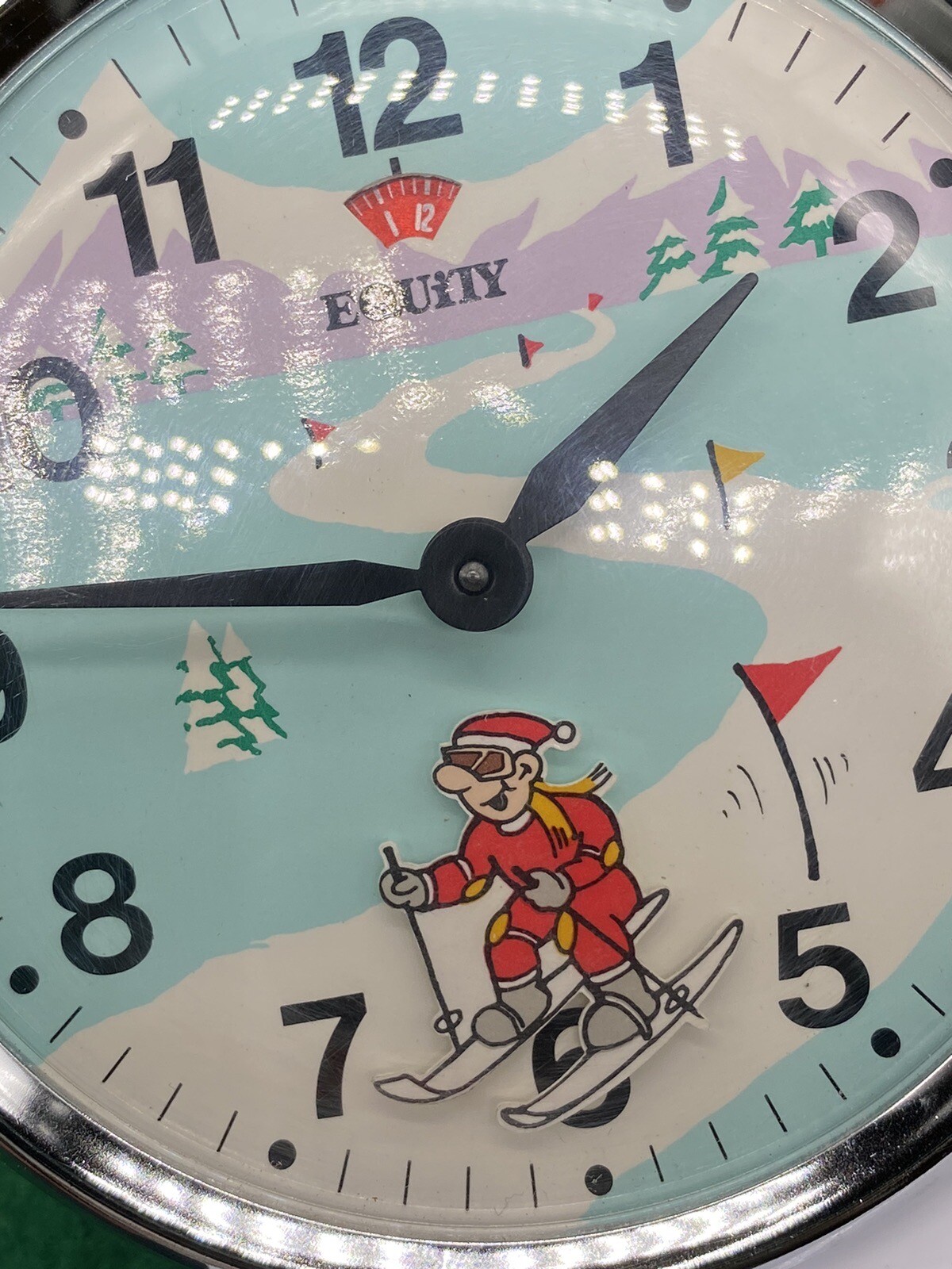 Vintage Equity Alarm Clock, Mechanical, Ski Sports Theme, Old Stock Brand New