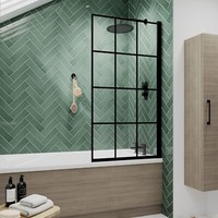 Designer Matt Black Bath Shower Screen Abstract Grid 6mm Safety Glass Bathroom