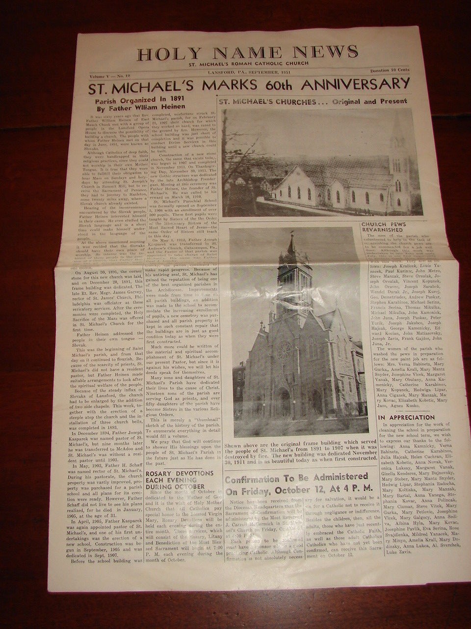 Holy Name News St. Michael's Catholic Church 60th Anniversary 1951