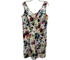 CHAPS Dress 16 White Floral Fit & Flare Cotton Stretch Sleeveless V-Neck Zip