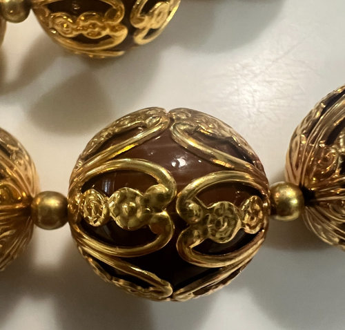Vintage 30" Glass Bead Necklace Wrapped Caged Filigree 19mm Bold Statement - Picture 9 of 11