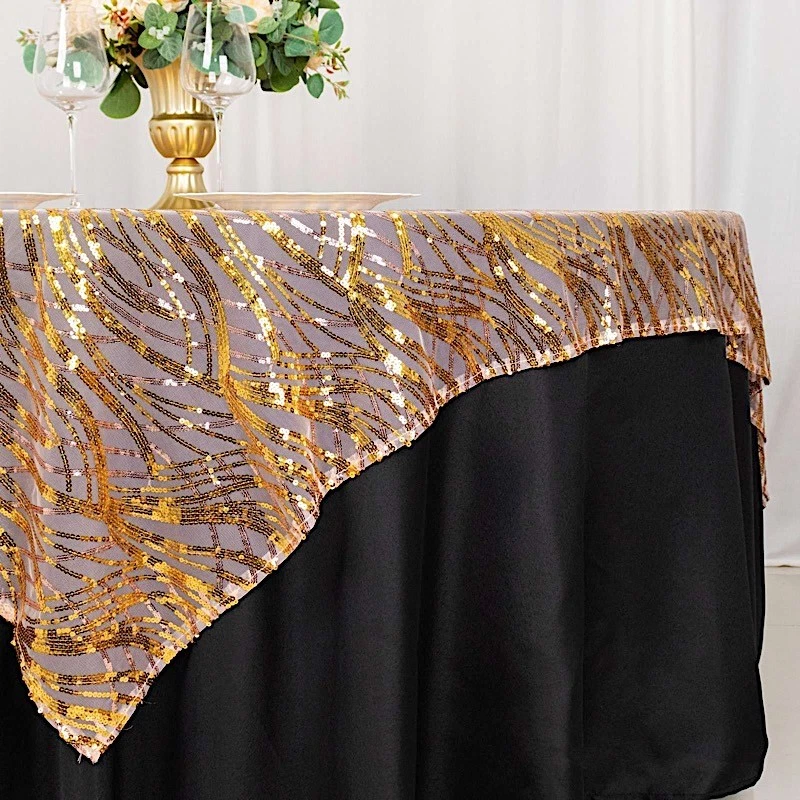 72" x 72" ROSE GOLD Tulle Square Table Overlay Wavy Embroidered Sequins Party - Image 4 of 4