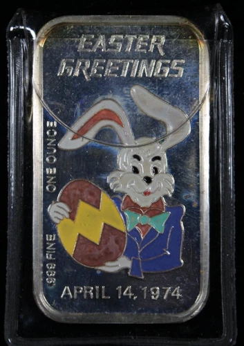 1974 Easter Greetings-Bunny & Egg Art Bar 1 Troy oz.999 Enamel Silver-Ceeco