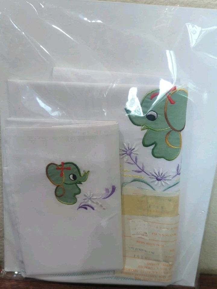 Sábana y funda de almohada de bebé Darling Green Elephants vintage hecha a mano EE. UU. NUEVA CON ETIQUETAS A48 Foto 3 de 3