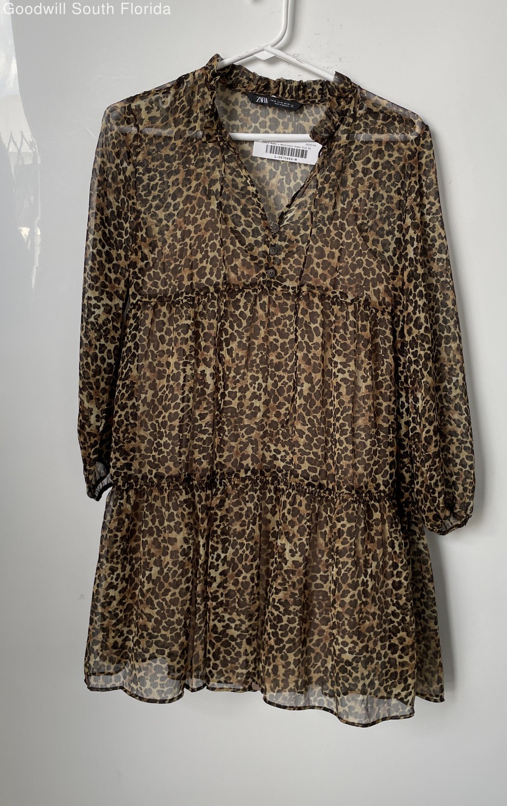 Zara Womens Multicolor Animal Print Tiered Ruffle 3/4 Sleeve Mini Dress Size XS
