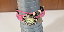NEW Women's Multi-Layer Pink Faux Leather Bracelet Watch w/ Beads  Lucky Charm
