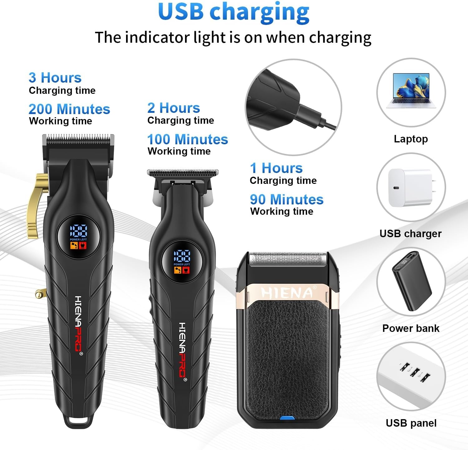 HIENA PRO Hair Clippers for Men Professional, Cordless Barber Clipper 3 Set 