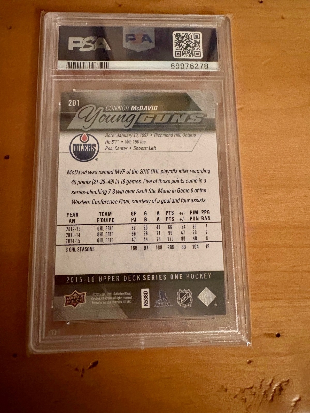 2015-16 Upper Deck Connor McDavid #201 Young Guns Rookie RC PSA 9 Mint Oilers view 2