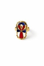 Egyptian Ankh Life Symbol Blue Red Enamel Gold Plated Brass Adjustable Ring