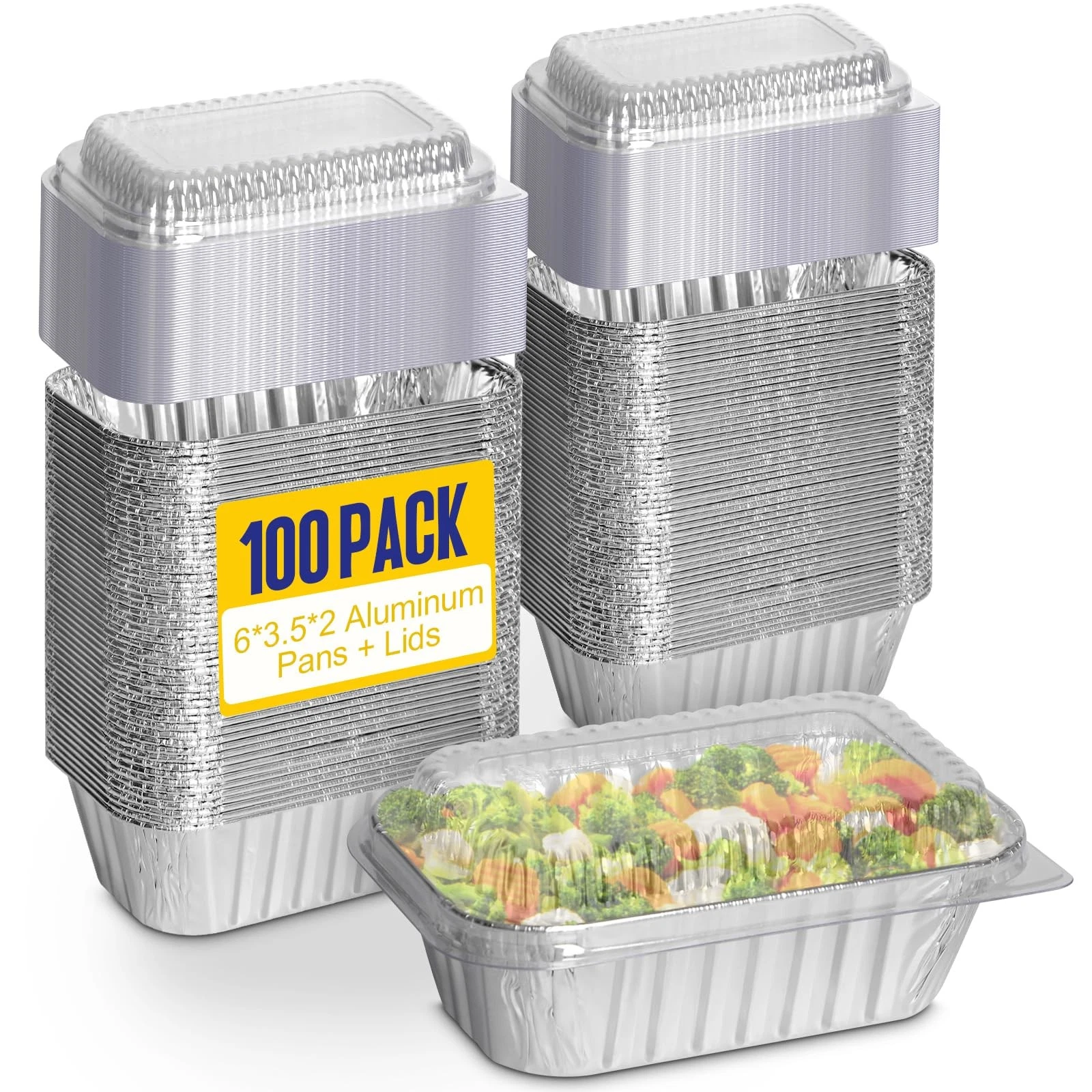 Small Foil Pans wth Lids, 100 Pack 1 Lb Disposable Aluminum Loaf Pans 6x3.5x2...
