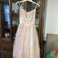 Vtg 1950s Pink Tulle Prom Party Dress Floral Lace Applique Sweetheart Cupcake S