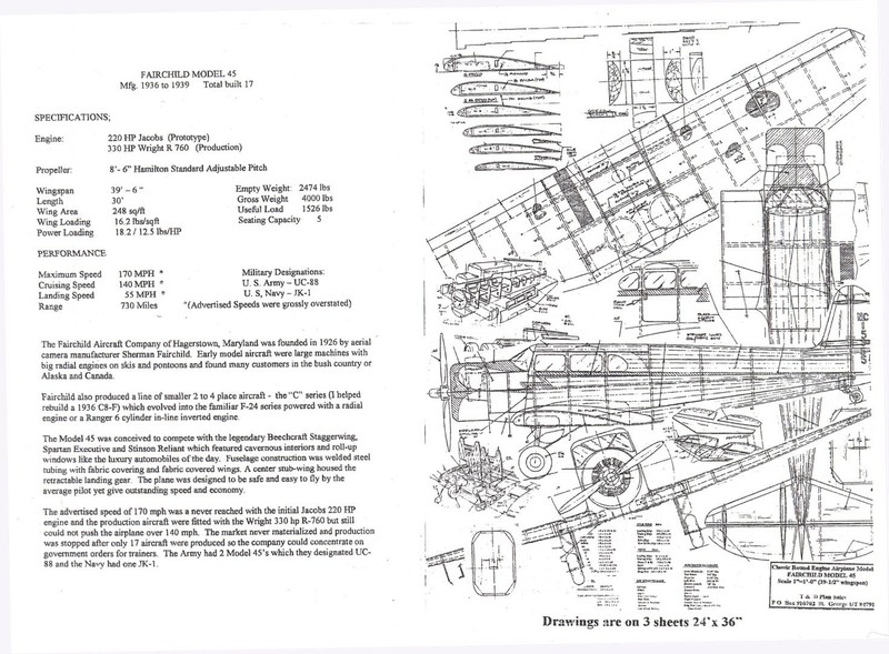 1/12 Scale Fairchild 45 (39") Plans,Templates and Instructions