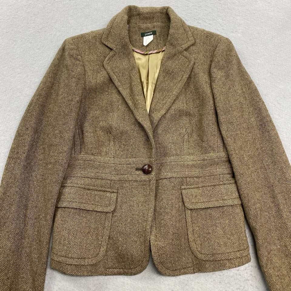 J Crew 夹克女式 6 棕色西装外套人字形羊毛混纺木质纽扣 — 第 2/4 张图片