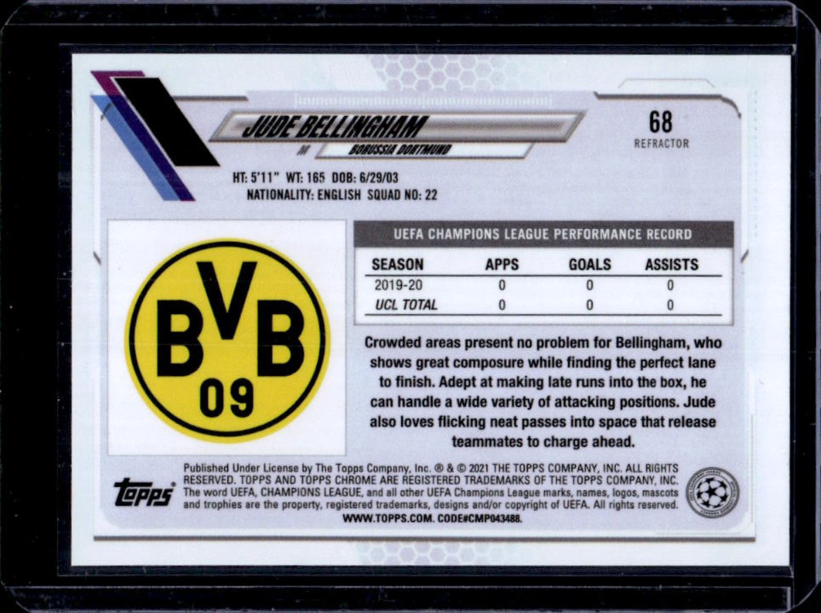 2020-21 Topps Chrome UEFA Jude Bellingham RC Refractor Rookie #68 Dortmund view 2