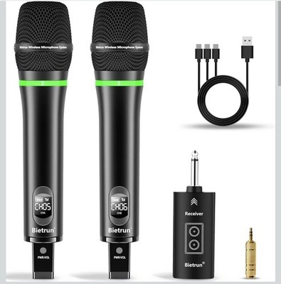 Bietrun UHF Dual Rechargeable Wireless Portable, (2) Microphones -WXM19
