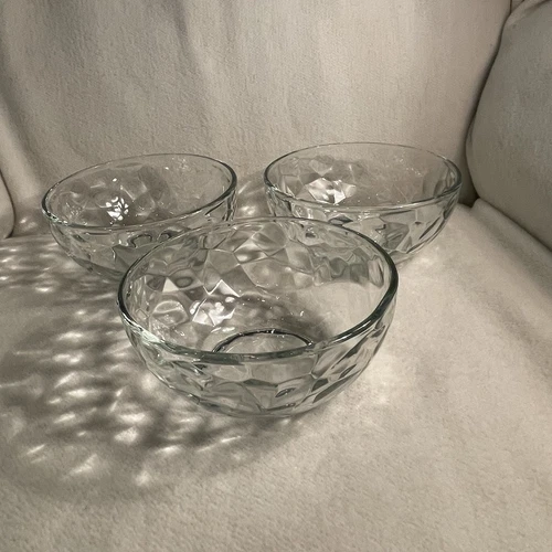 Clear Glass Faceted Pattern Dinner Soup, Cereal , Fruit Bowls Set 3