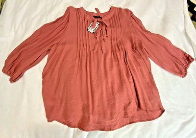 PLUS FRONT TIE PLEATED FRONT 3/4 SLEEVE TOP color Terrocota SZ 3XL NEW
