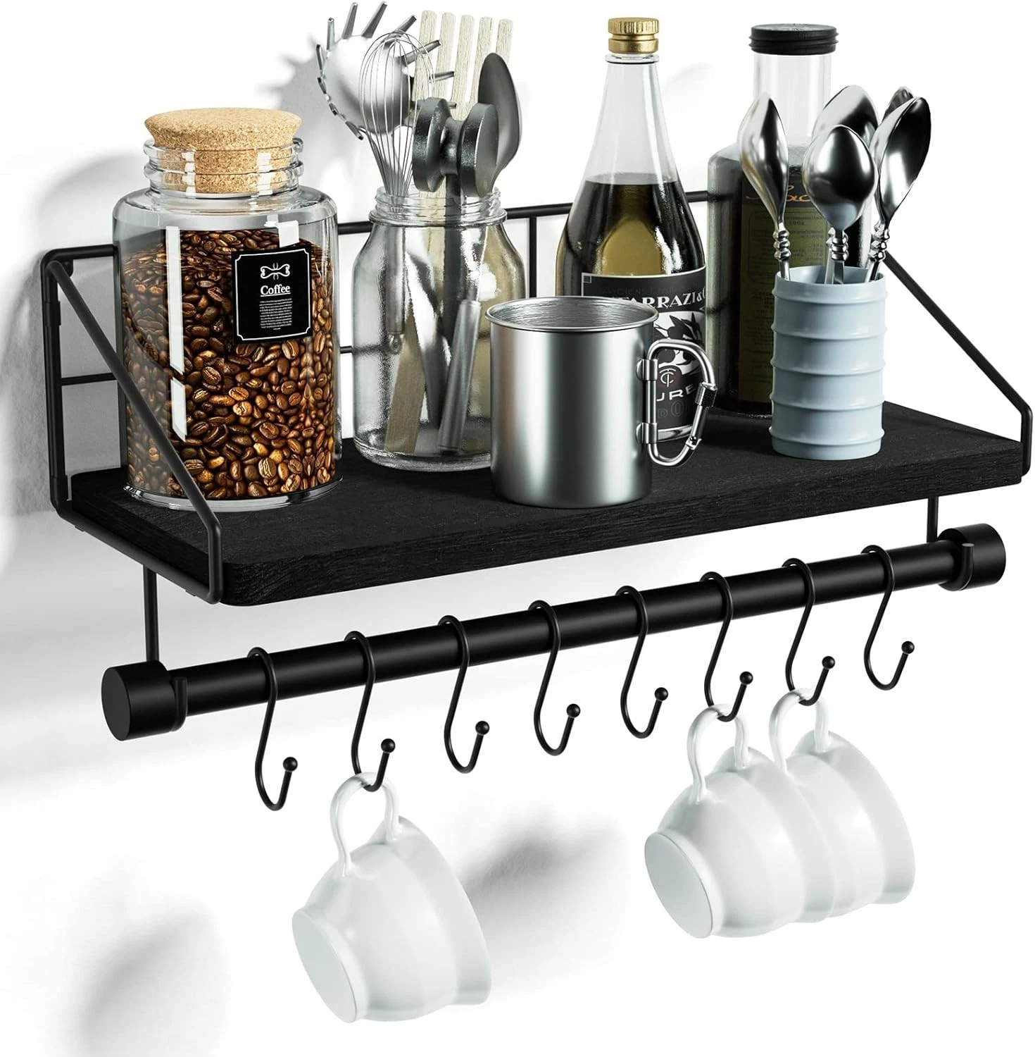 Alsonerbay Kitchen Shelf Wall Mounted Wood Floating Wall Shelves with Hooks