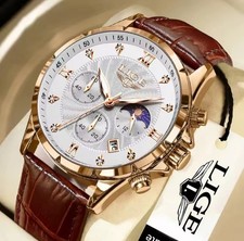 Herren Chronograph Armbanduhr Mondphase Leuchtzeiger Datum Lederarmband Uhr