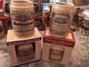  RARE Budweiser Label Steins. 1995 Tradition Stein & 2000 Millennium Stein. 