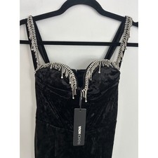Fashion Nova NWT Gemma Velvet Maxi Dress Black Rhinestone Fringe MF22000 Size S