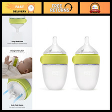 Silicone Baby Bottle 5oz - True Slow-Flow Nipple Anti-Colic Vents - Green Doub