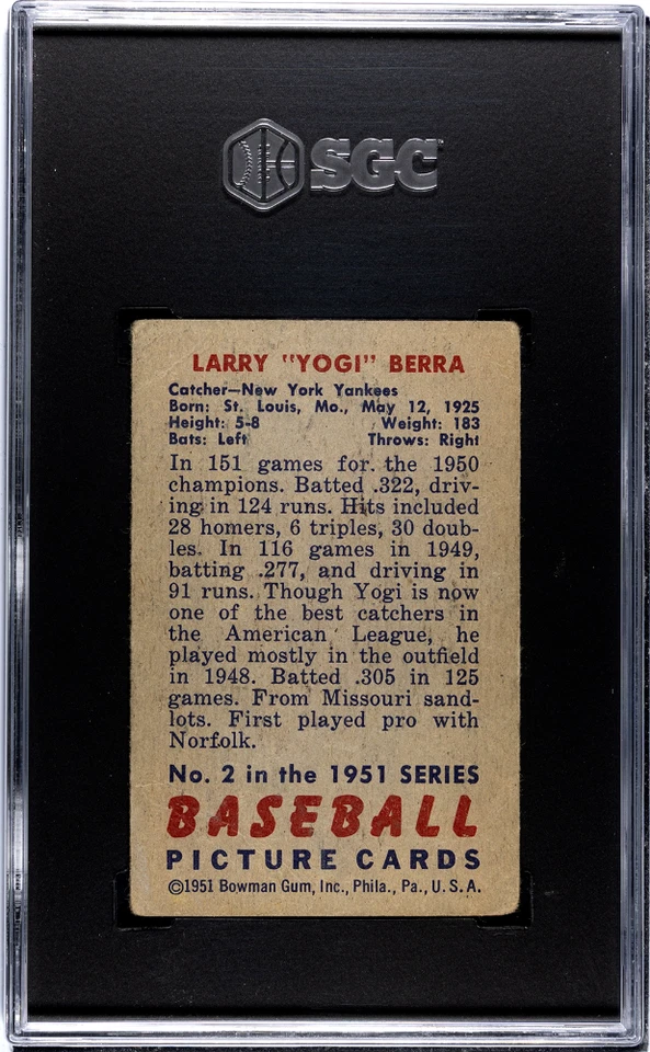 1951 Bowman YOGI BERRA New York Yankees #2 SGC 1.5 Fair Condition - Image 2 of 2