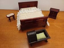 Vintage Dolls House Bedroom Furniture - Bed & Bedding, Cradle, Stool & Cabinet