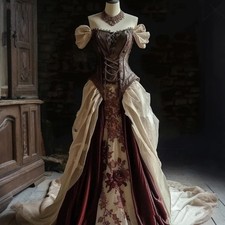 Medieval Victorian Ball Gowns Card Shoulder Lace Vintage A-Line Evening Gowns