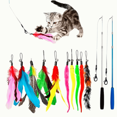 #ad 12PCS Kitten Cat Toy Feather Bell 2 Wand 10 Teaser Rod Interactive Play Pet Toys $12.99