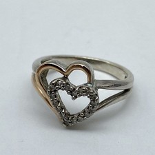 SUN 10K Gold Sterling Silver 925 Diamond Double Interlocking Heart Ring Size 5