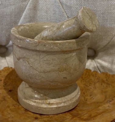 Vintage Cilio Champagne Marble Mortar & Pestle Set Well Used Flaws Look 