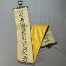 Vintage Long Needlepoint Bell Pull Floral Bird Tapestry Wall Hanging Brass Ends