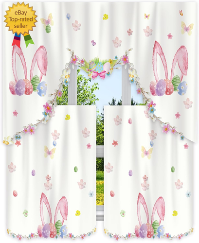 Easter Kitchen Curtains 3 Piece Set Spring Window Curtains Set Bunny Swag and Ti - Picture 9 of 12
