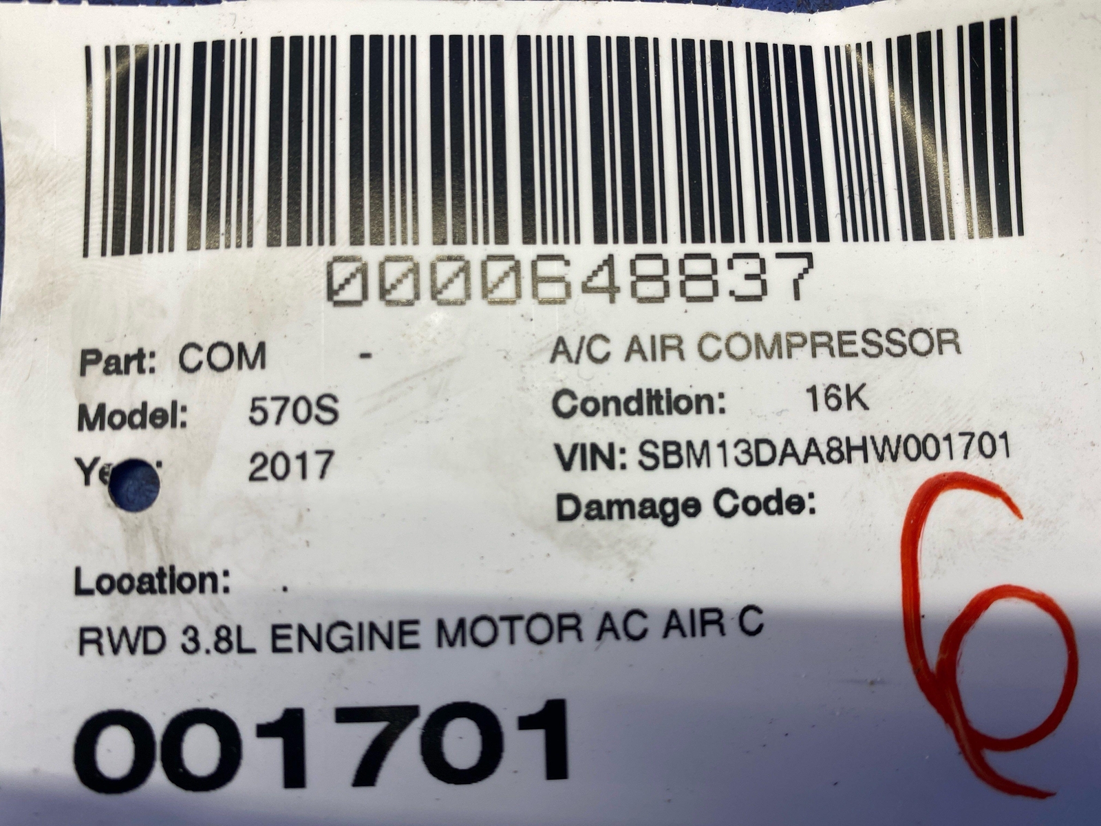 2016-2021 MCLAREN 570S RWD 3.8L ENGINE MOTOR AC AIR CONDITIONING COMPRESSOR OEM