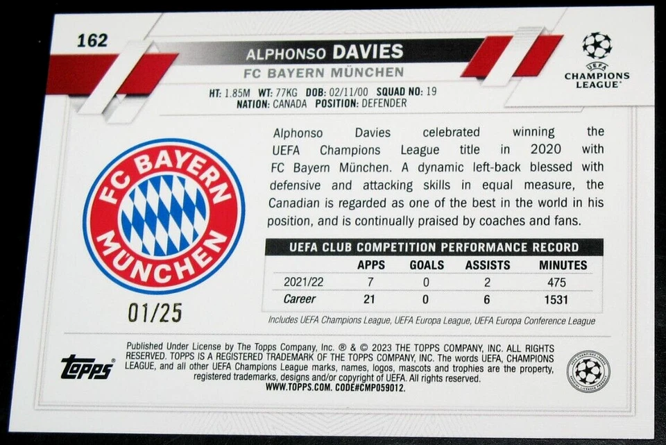 2022-23 Topps UEFA Club 1st Edition Alphonso Davies Orange Foil # 01/25 #162 - Image 2 of 2