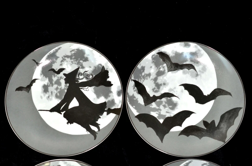 Williams Sonoma Full Moon 4 SALAD PLATES Halloween 8 3/8" Bat Cat Witch Owl, EXC - Image 2 of 4