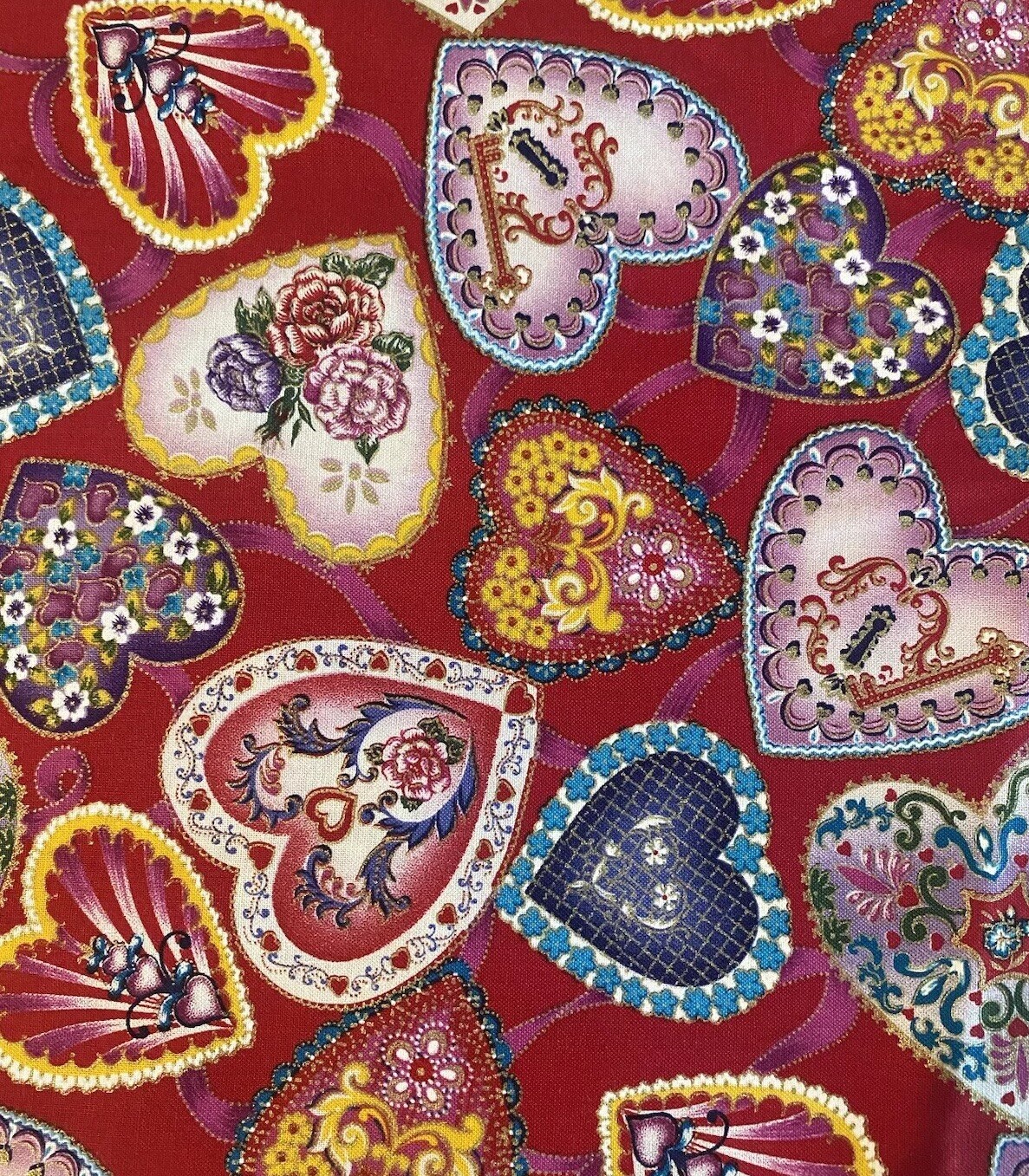 Vtg Valentine's Heart Cookies Fabric Red Cotton Timeless Treasures 44” BTY