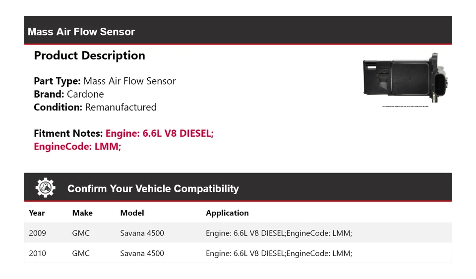 For 2009-2010 GMC Savana 4500 6.6L V8 DIESEL Mass Air Flow Sensor Cardone - Image 2 of 4