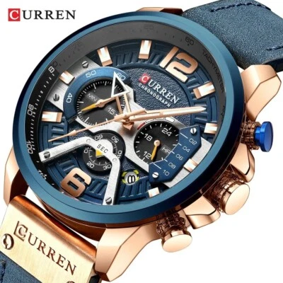 Herren Sport Uhr – Luxus modisches Jungs Uhr mit Lederarmband , Gold Blau Watch - Bild 1 von 3