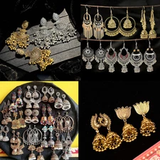 Ethnic Gold Alloy Indian Pearl Tassel Drop Bell Charms Earring Jhumka Jewelry
