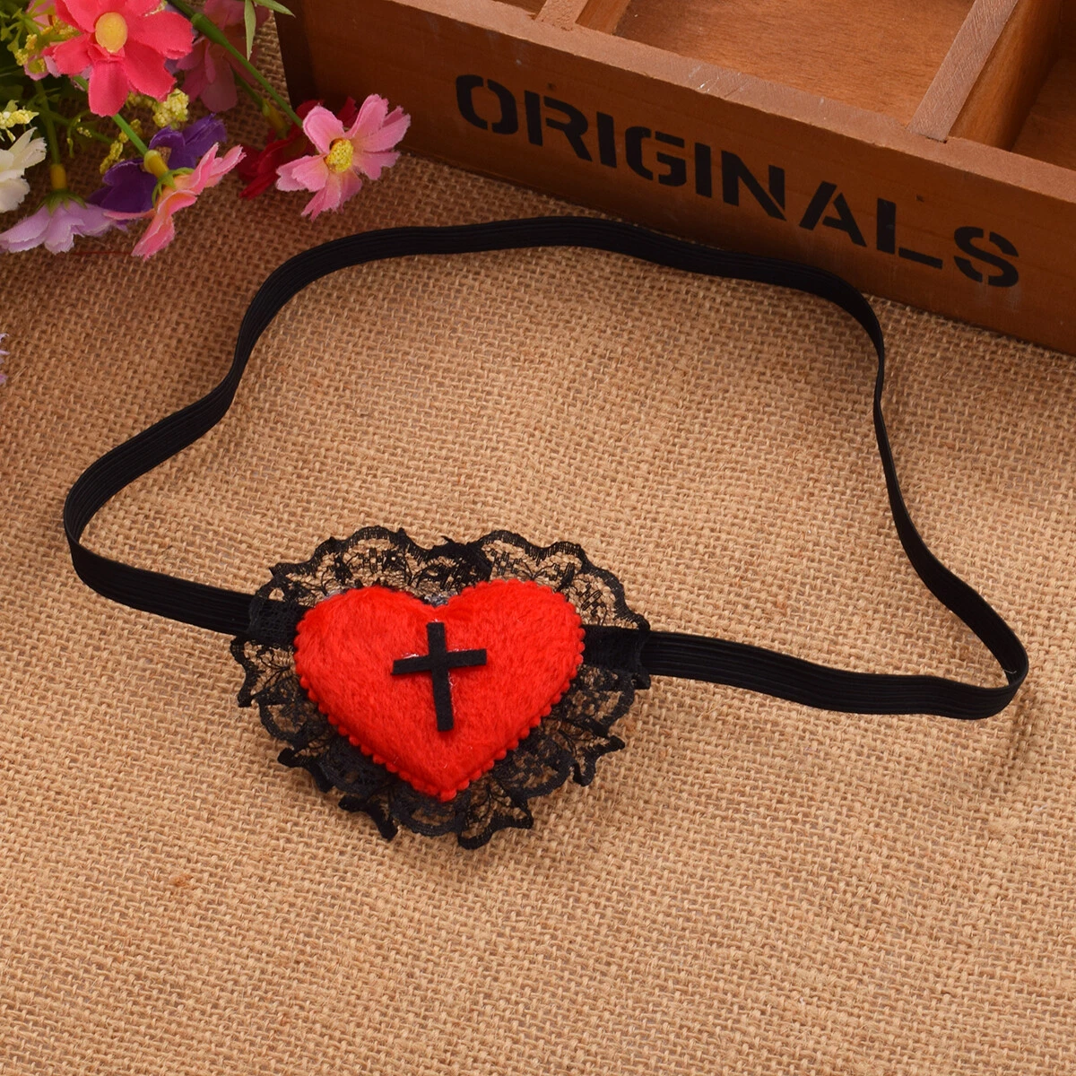 Gothic Girls Single Eyepatch Eye Patch Red Heart Black Cross