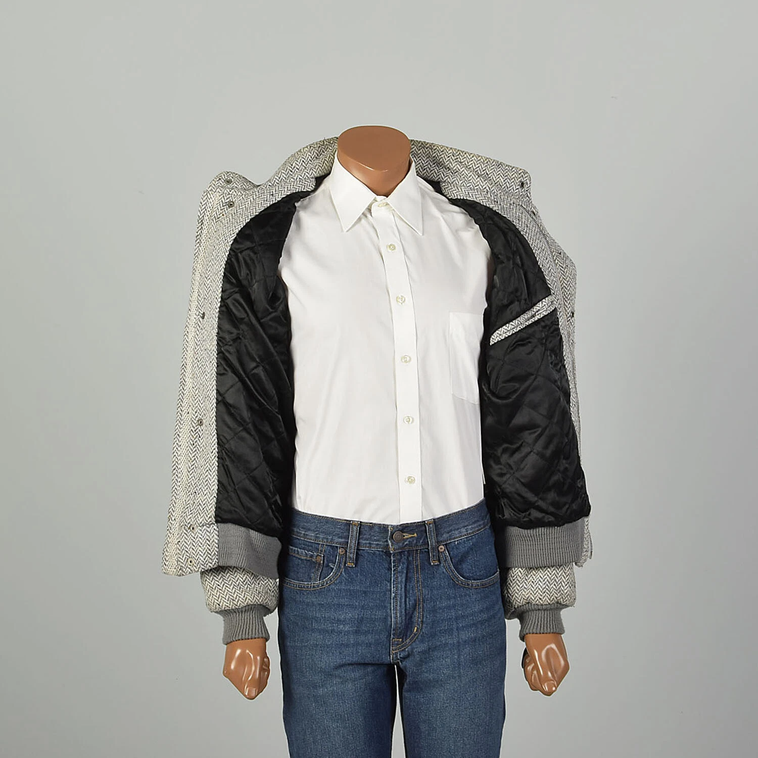  1980s tweed chevron ribbed knit bomber jacket