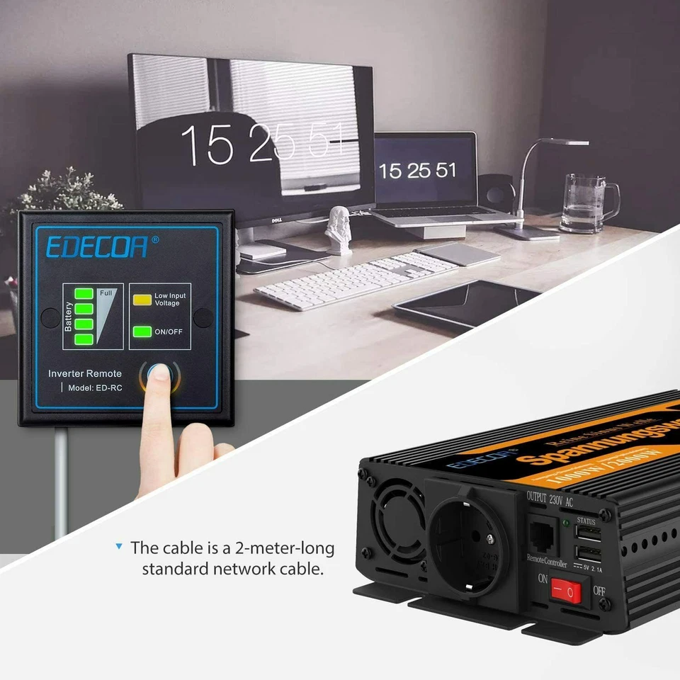 EDECOA Inversor 12V 220V ONDA PURA 1000W Convertidor Inverter 2.1A USB - Imagen 3 de 4
