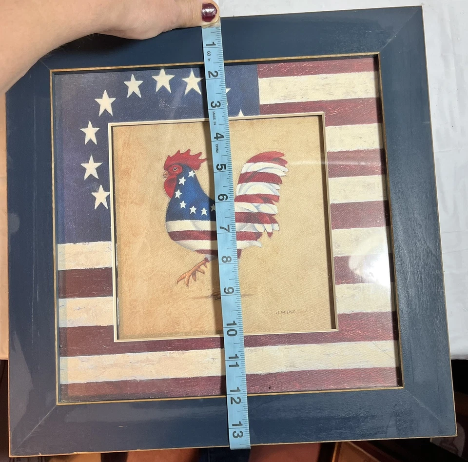 WHIMSICAL ROOSTER PRINT ~ USA FLAG Matted/Framed 13 X 13 Inches - Image 3 of 4