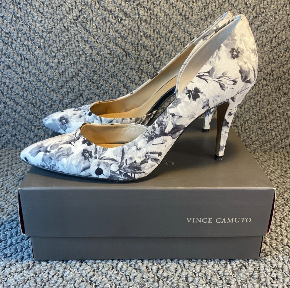 Vince Camuto Blanco Gris Negro Flores Tela Punta Tacones Talla 10M/40 Foto 3 de 4