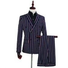 Men  s Double breasted Slim fit Striped suits Lapel Formal British Style 2 Piece