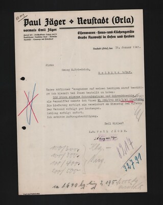 NEUSTADT ORLA, Brief 1941, Paul Jäger Eisenwaren Haus-Küchen-Geräte