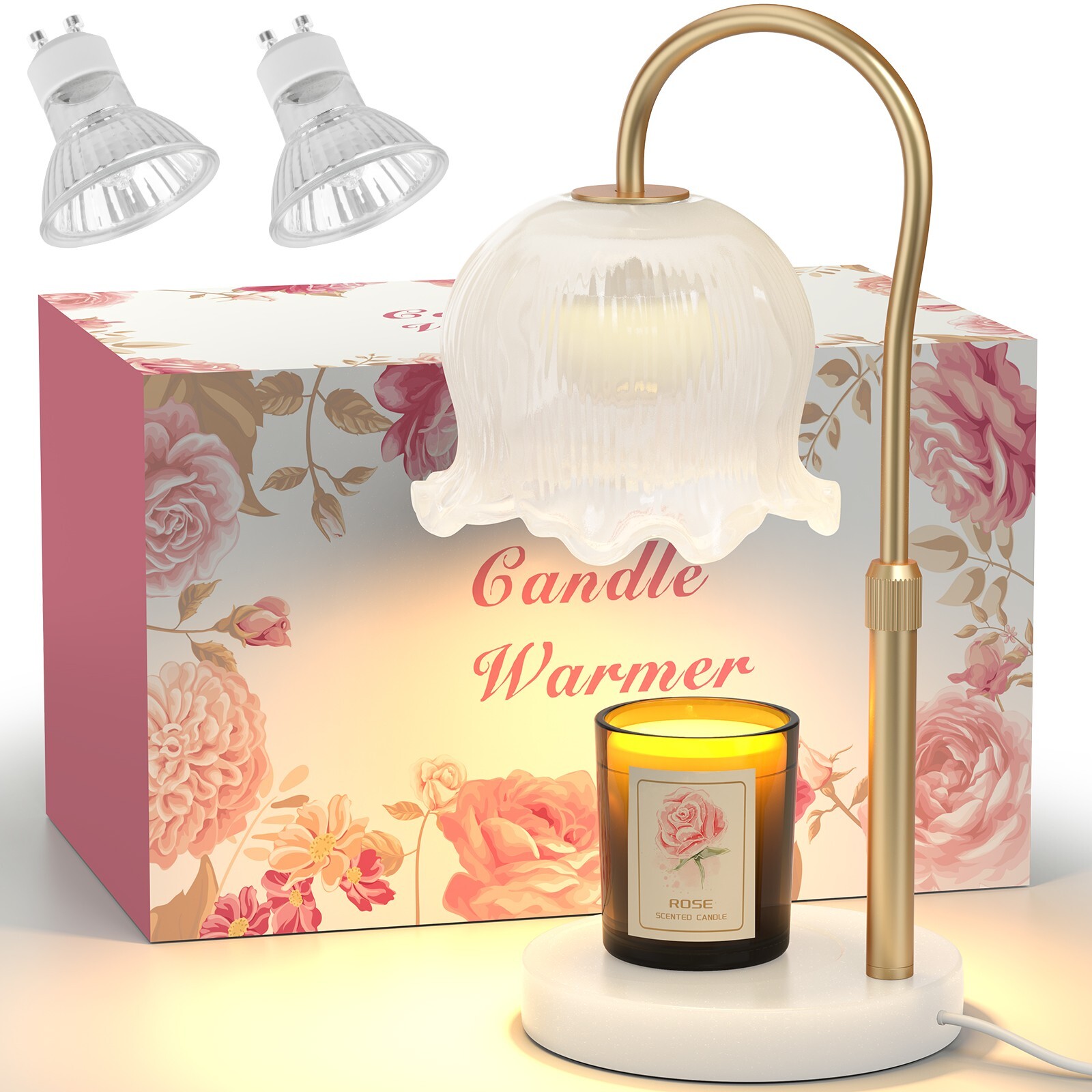 Candle Warmer Lamp with Adjustable Brightness Timer Marble Base Includes 2 Bulbs-image