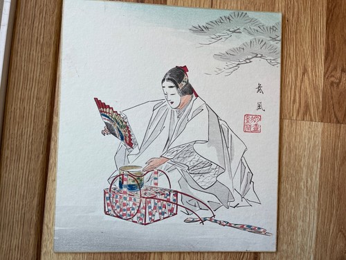 TABLERO DE ARTE JAPONÉS VINTAGE PAPEL SHIKISHI DIBUJADO A MANO 10,75" X 9,5" AÑOS 70 #3 - Imagen 3 de 5